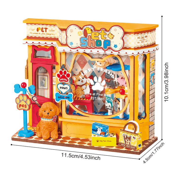 Rolife Pawfect Pet Shop Miniature House DS045 DIY miniature house kit, detail of decorative elements and finish