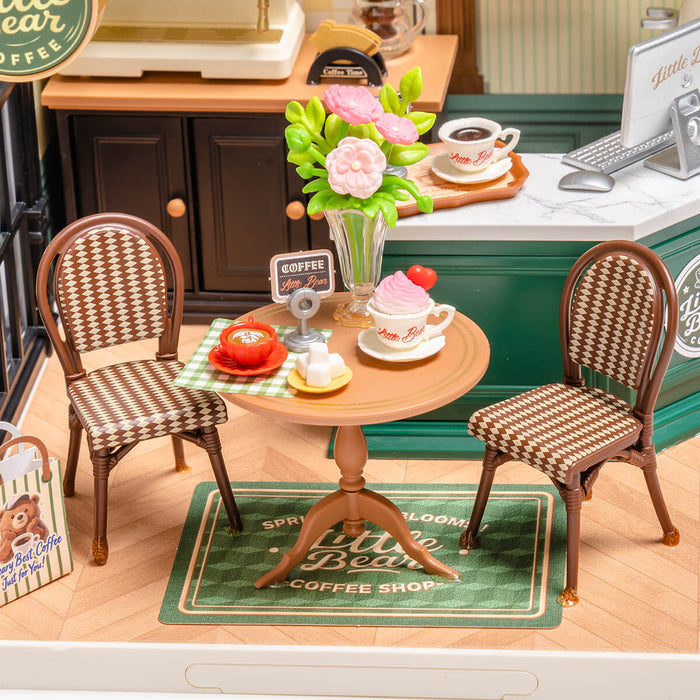 Rolife Perfect Romance Café Miniature House DW028 DIY miniature house kit, close-up of interior components and accessories