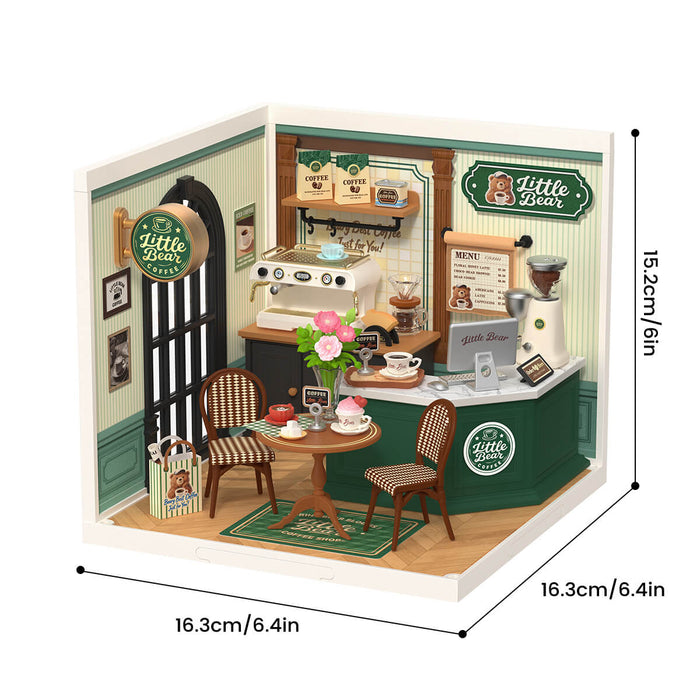 Rolife Perfect Romance Café Miniature House DW028 DIY miniature house kit, styled lifestyle scene with model assembled