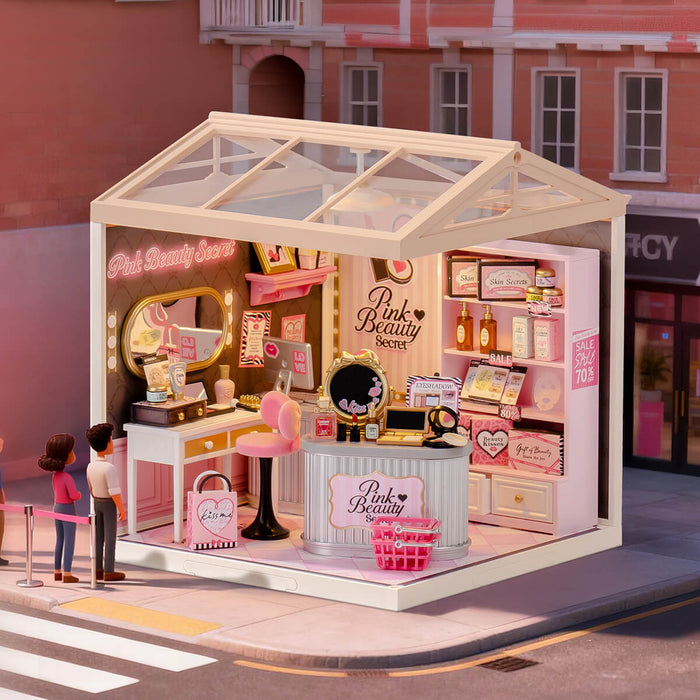 Rolife Pink Beauty Secret Miniature House DW026 DIY miniature house kit, product front view on neutral background