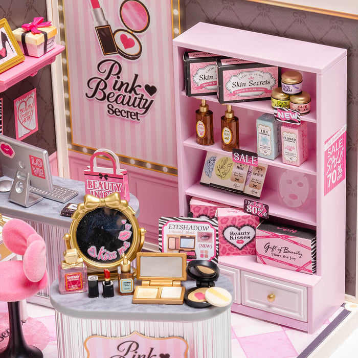 Rolife Pink Beauty Secret Miniature House DW026 DIY miniature house kit, top-down view of layout and arrangement
