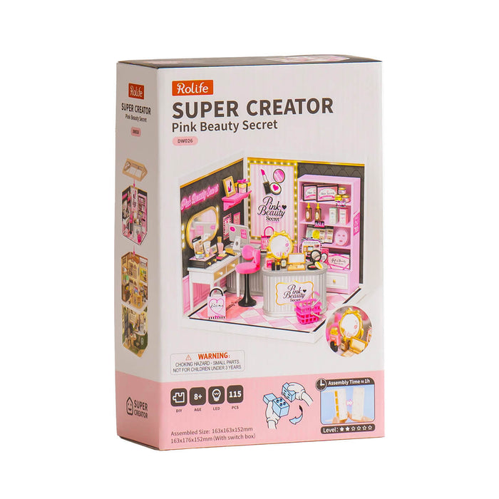 Rolife Pink Beauty Secret Miniature House DW026 DIY miniature house kit, styled lifestyle scene with model assembled