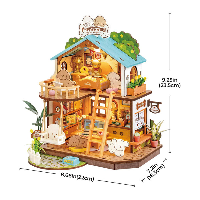 Rolife Puppy Cozy Villa DIY miniature house with warm lighting, green roof balcony and dimension labels on white background