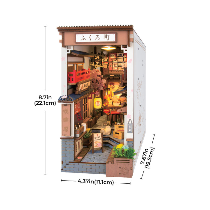 Rolife DIY miniature book nook TGB11, feature callouts and dimensions