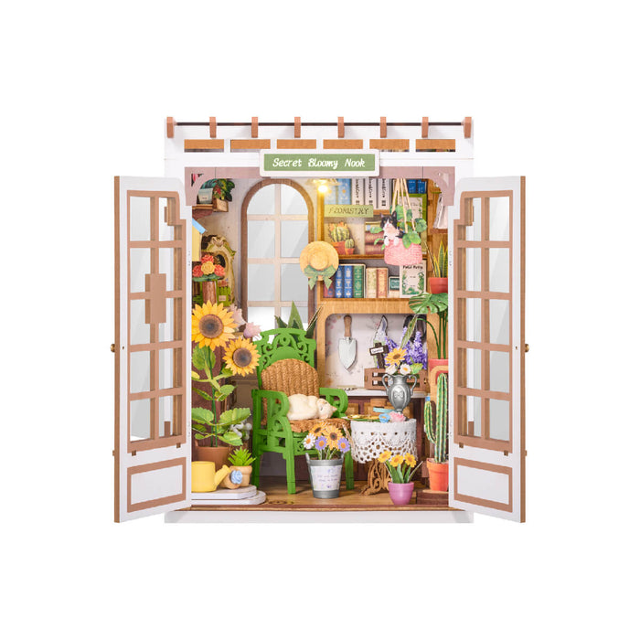 Rolife Secret Bloomy Nook front view with double doors open, revealing miniature sunflowers and a garden shop interior