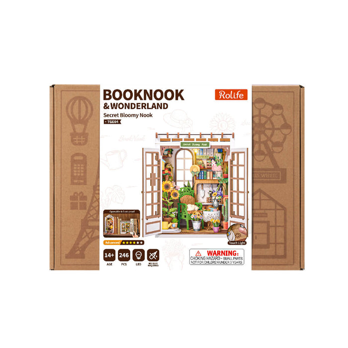 Rolife Secret Bloomy Nook retail packaging box with the Booknook and Wonderland label and product preview on the front