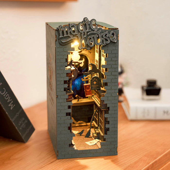 Rolife Stories in Books Series | Book Nook (4 Sets) DIY book nook miniature kit, back view highlighting structural detail