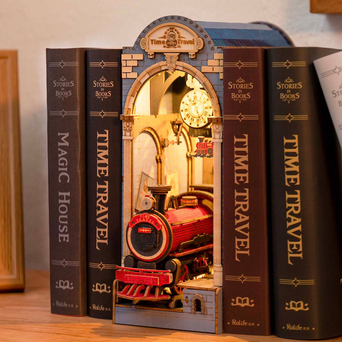 Rolife Stories in Books Series | Book Nook (4 Sets) DIY book nook miniature kit, interior cutaway showing inner mechanism