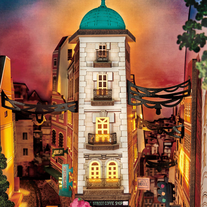 Rolife Street Scene TGB13 Book Nook Wonderland front view showing the complete illuminated miniature street with grand staircase and Poseidon Plaza arch