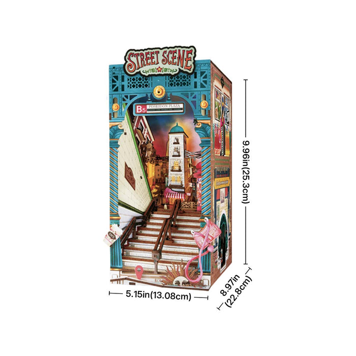 Rolife Street Scene TGB13 book nook showing assembled size dimensions with the teal arched entrance and detailed staircase diorama
