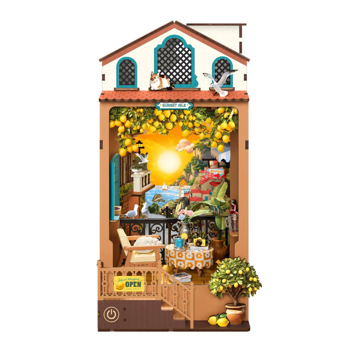 Rolife book nook miniature of a sunlit lemon garden cafe with terracotta planters, yellow fruit, and glowing interior light, hero product view on white background