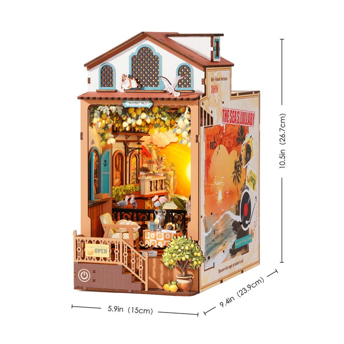 Rolife book nook model on white background with dimension measurement callouts displaying height, width and depth specifications for the terrace garden kit