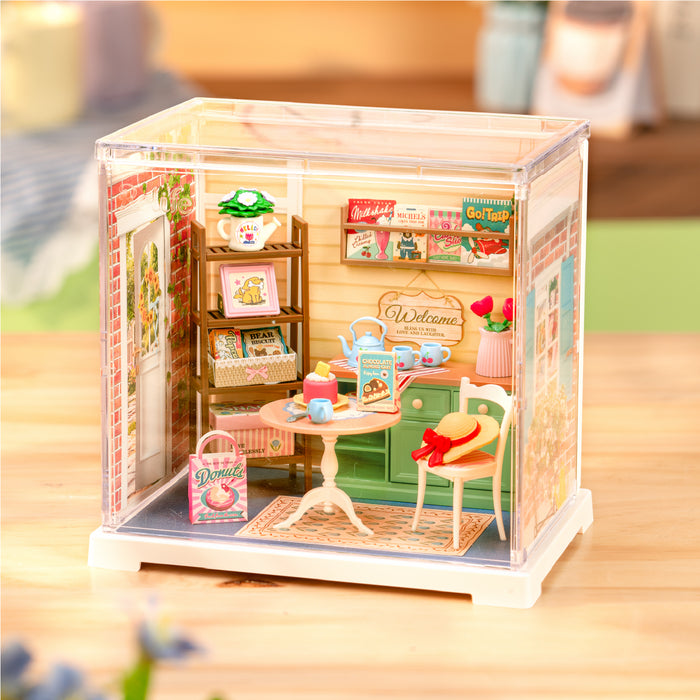 Rolife Sunshine Sip Porch Miniature House DWS07B DIY miniature house kit, angled view showing detail and craftsmanship