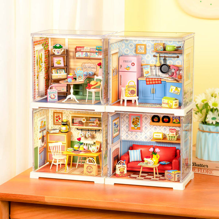 Rolife Sunshine Sip Porch Miniature House DWS07B DIY miniature house kit, close-up of interior components and accessories