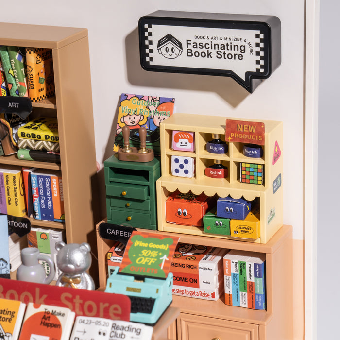 Rolife Super Creator Fascinating Book Store DW004 DIY book nook miniature kit, scale comparison alongside accessories
