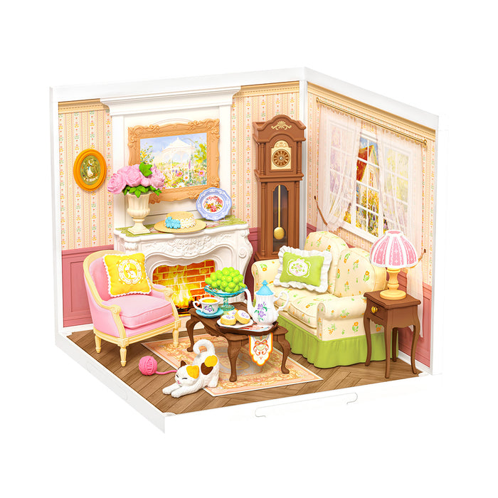 Rolife Holiday Tea Time DW023 standard isometric view showing the complete Victorian living room with pink armchair, floral sofa, and lit fireplace