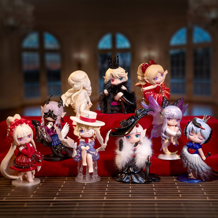 Rolife Suri Mystery Castle SLXX full set of eight doll figures displayed together on a red velvet sofa inside a golden baroque picture frame