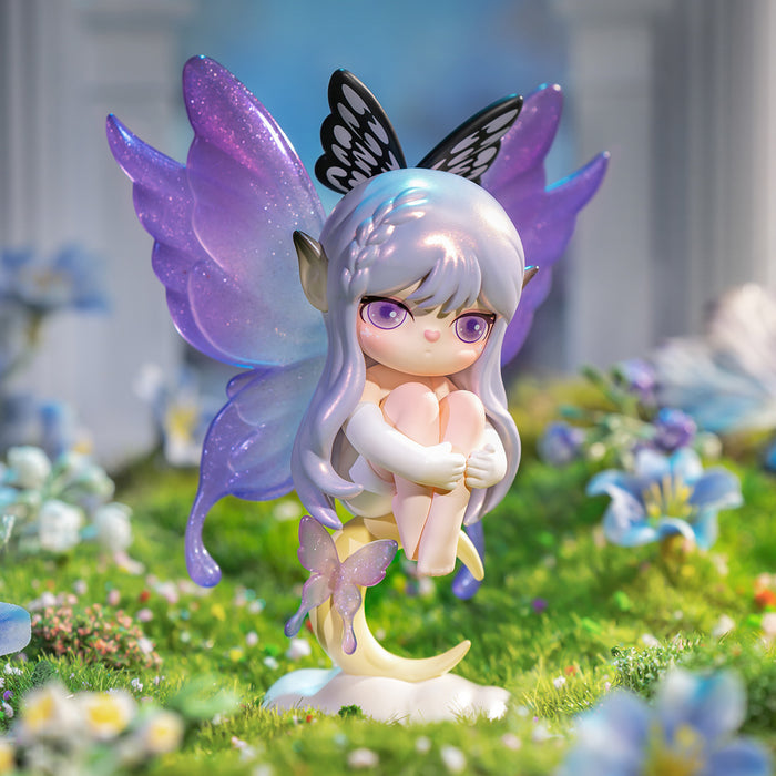 Rolife Suri Mystery Castle SLXX Mystic Butterfly figure showing a purple-winged fairy doll seated on a moon perch amid a garden of blue flowers