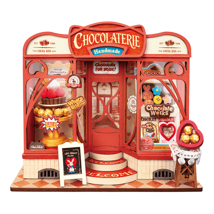 Rolife Sweet Chocolate Shop Miniature House DS046 DIY miniature house kit, product front view on neutral background