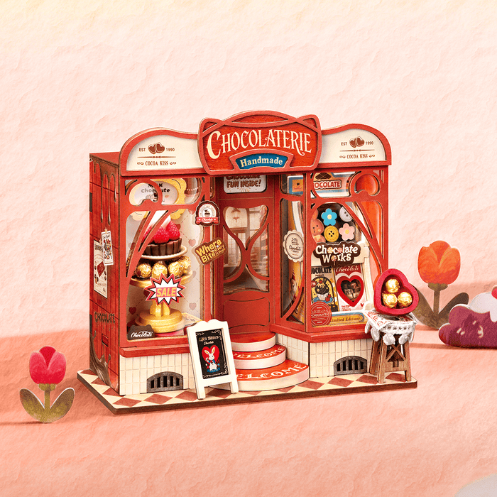 Rolife Sweet Chocolate Shop Miniature House DS046 DIY miniature house kit, angled view showing detail and craftsmanship
