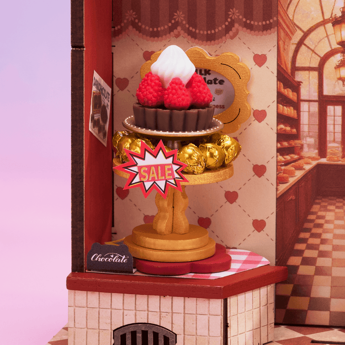 Rolife Sweet Chocolate Shop Miniature House DS046 DIY miniature house kit, detail of decorative elements and finish
