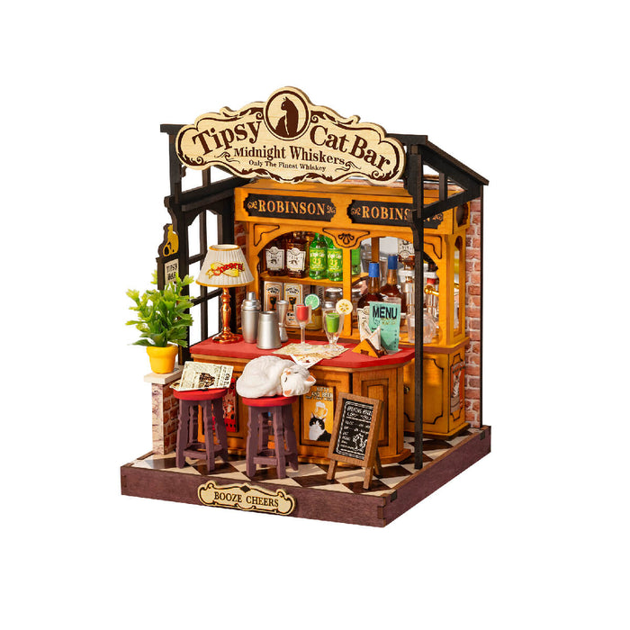 Rolife Tipsy Cat Bar Miniature House DS054 DIY miniature house kit, product front view on neutral background