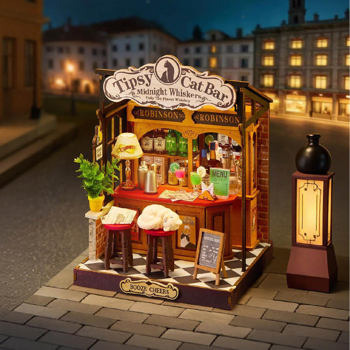 Rolife Tipsy Cat Bar Miniature House DS054 DIY miniature house kit, angled view showing detail and craftsmanship