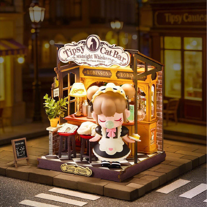 Rolife Tipsy Cat Bar Miniature House DS054 DIY miniature house kit, top-down view of layout and arrangement