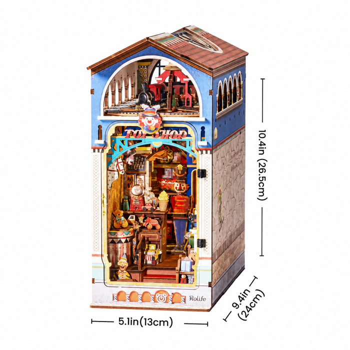 Rolife Treasure Toy Shop dimension diagram showing 10.4 by 5.1 by 9.4 inch measurements