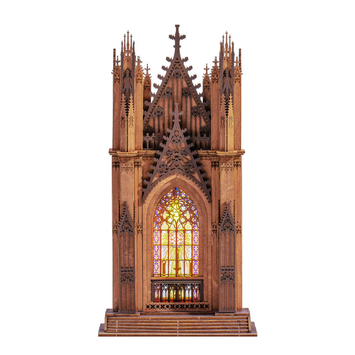 Rolife Twin-Tower Cathedral 3D Wooden Puzzle TGA01 3D wooden architecture model, product front view on neutral background