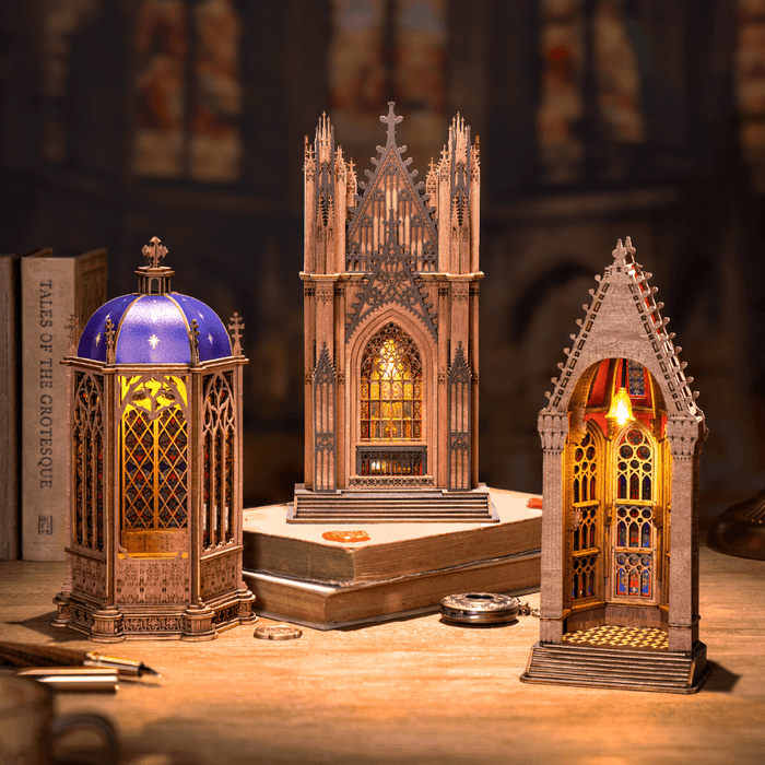 Rolife Twin-Tower Cathedral 3D Wooden Puzzle 3D wooden architecture model, close-up of interior components and accessories