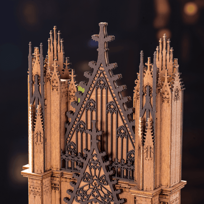 Rolife Twin-Tower Cathedral 3D Wooden Puzzle TGA01 3D wooden architecture model, top-down view of layout and arrangement