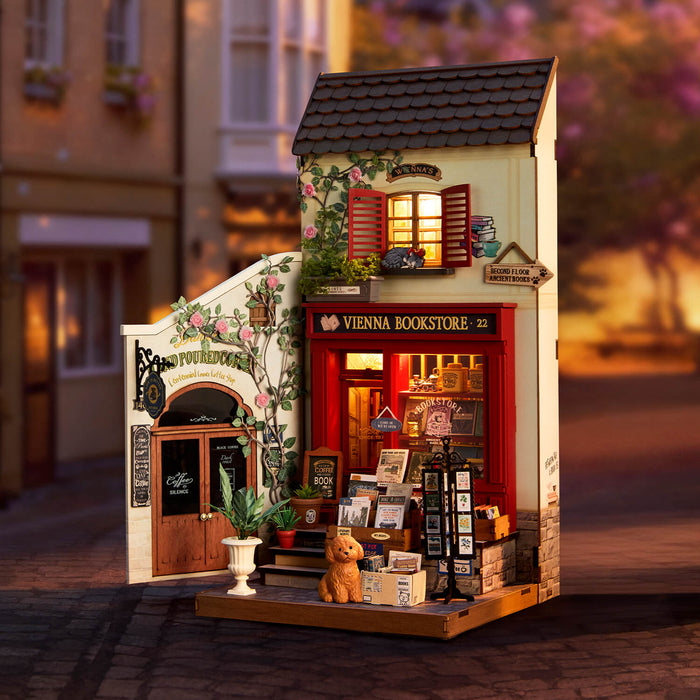 Rolife Vienna Bookstore Miniature House DG183 DIY miniature house kit, angled view showing detail and craftsmanship