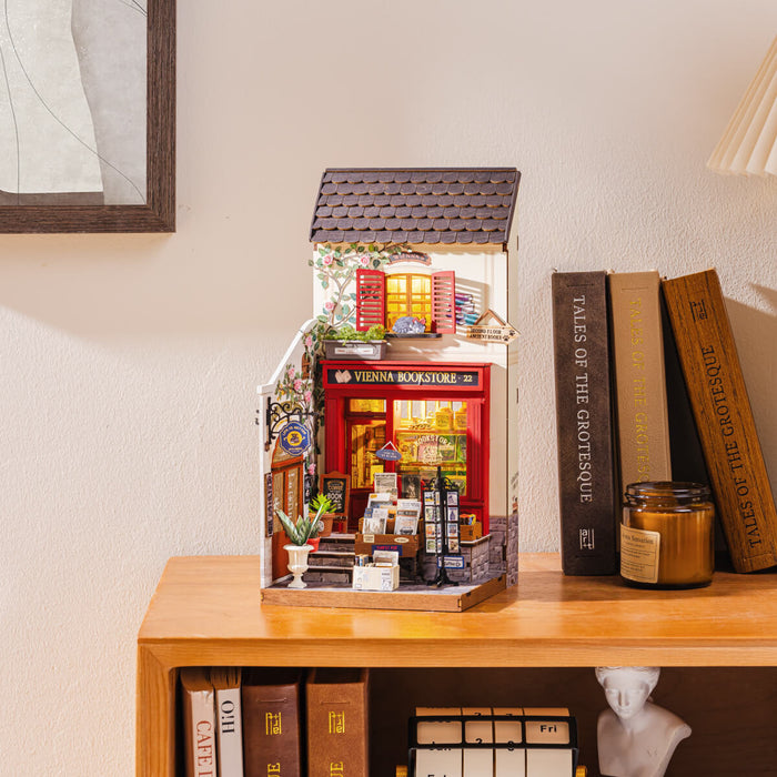 Rolife Vienna Bookstore Miniature House DG183 DIY miniature house kit, close-up of interior components and accessories