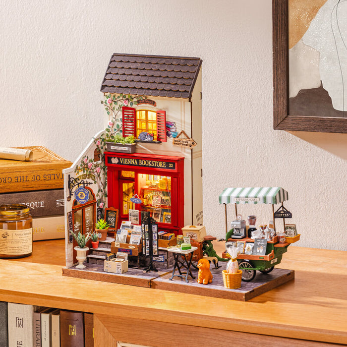 Rolife Vienna Bookstore Miniature House DG183 DIY miniature house kit, detail of decorative elements and finish