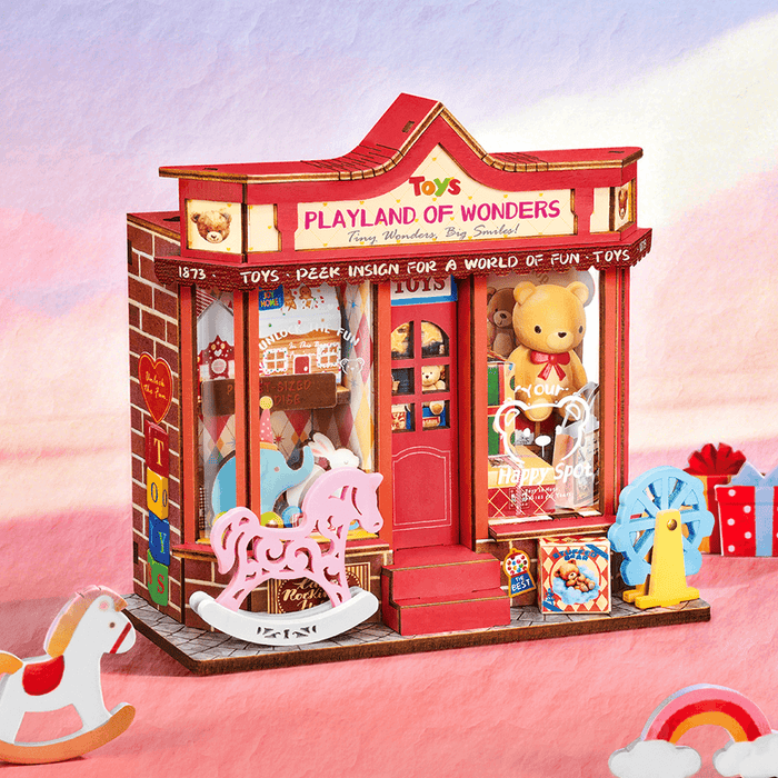 Rolife Whimsy Toy Shop Miniature House DS044 DIY miniature house kit, angled view showing detail and craftsmanship
