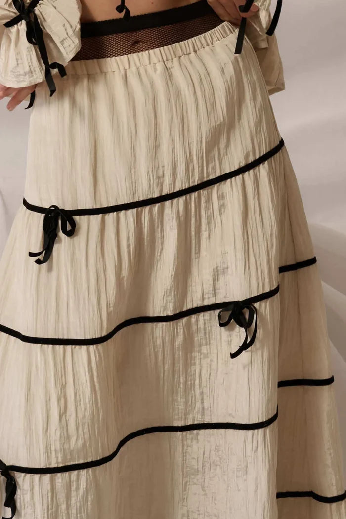Romantic Dream Velvet-Trim Satin Tiered Maxi Skirt - ShopPromesa