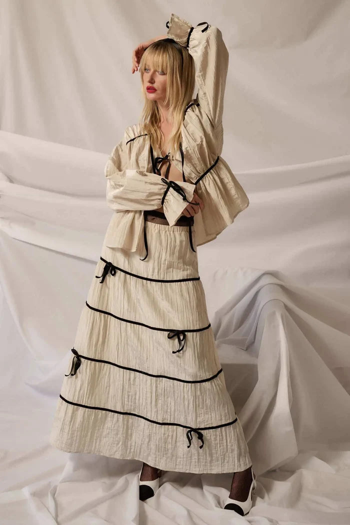 Romantic Dream Velvet-Trim Satin Tiered Maxi Skirt - ShopPromesa