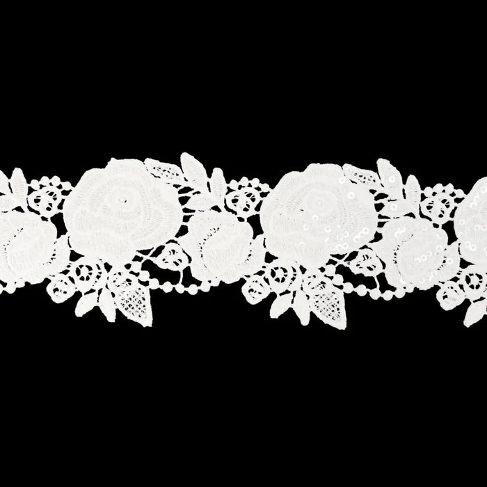 Rose with leaves Floral Sequins Lace | 2 Meter