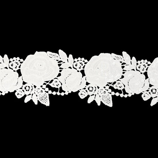 Rose with leaves Floral Sequins Lace | 2 Meter