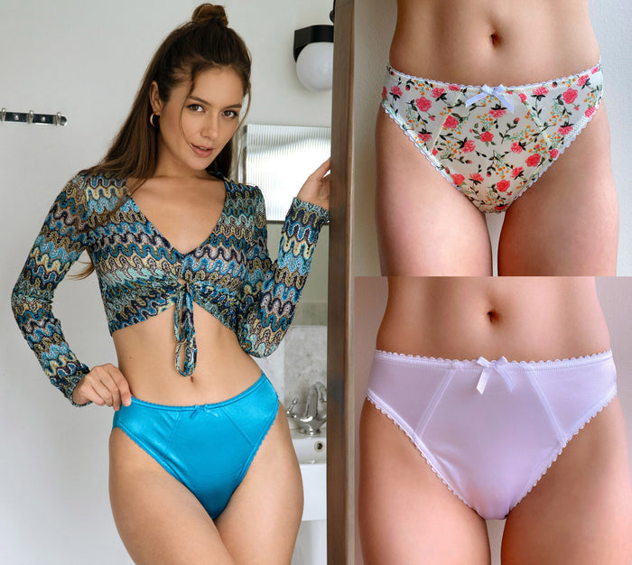 Bikini panties with floral print and lace trim; also shown in solid blue (two views).