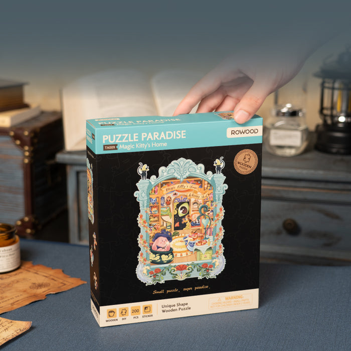 Rowood Magic Kitty's Home Wooden Jigsaw Puzzle TA009 3D wooden puzzle model, side view highlighting structure and scale