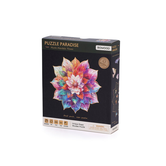 Rowood Puzzle Paradise Mystic Mandala Flower box packaging on white background showing vibrant flower artwork and 200-piece wooden puzzle details.