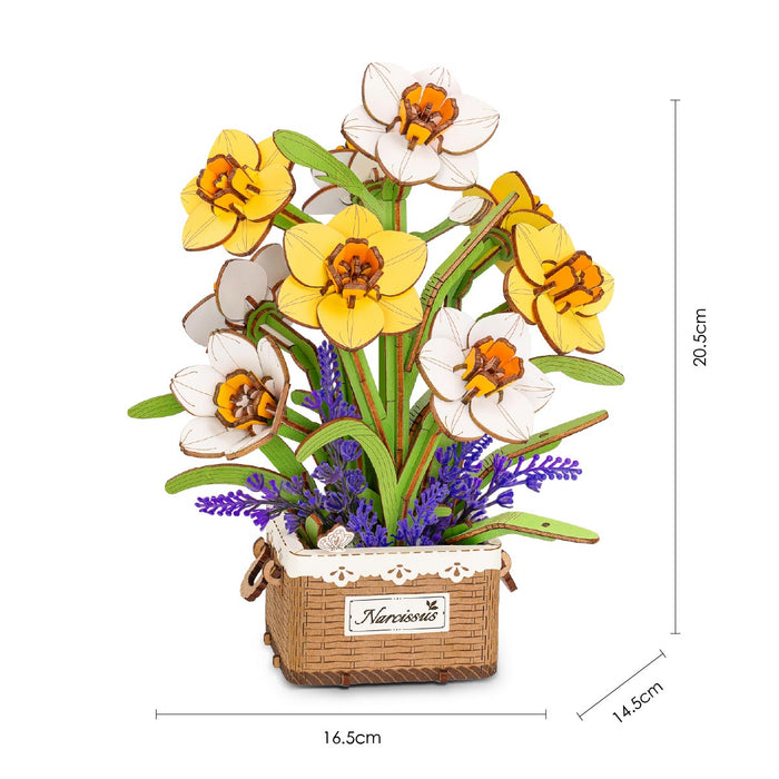 Rowood Narcissus Flower Bouquet Wooden 3D Puzzle 3D wooden flower puzzle, close-up of interior components and accessories