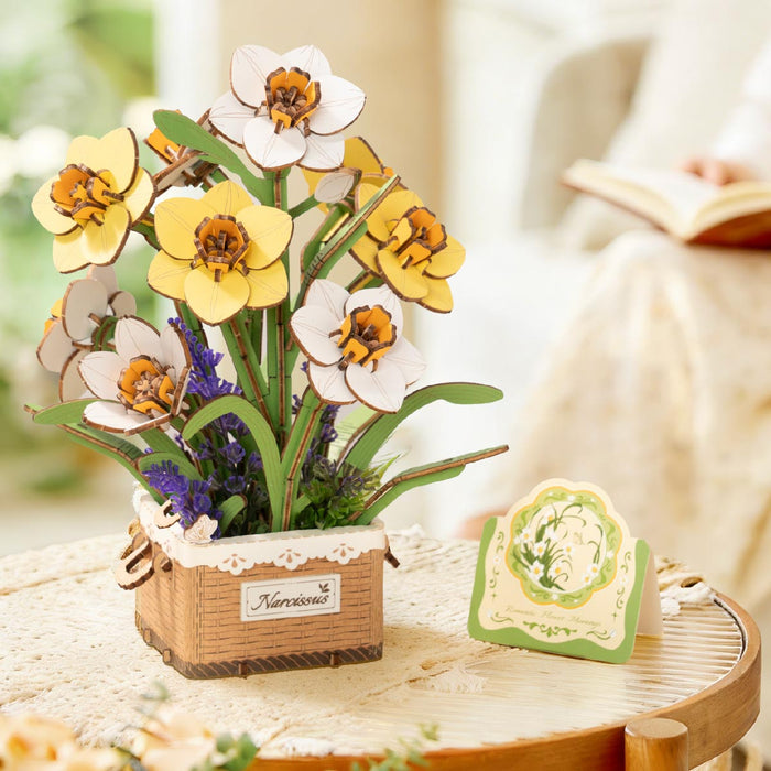 Rowood Narcissus Flower Bouquet Wooden 3D Puzzle TF002 3D wooden flower puzzle, styled lifestyle scene with model assembled
