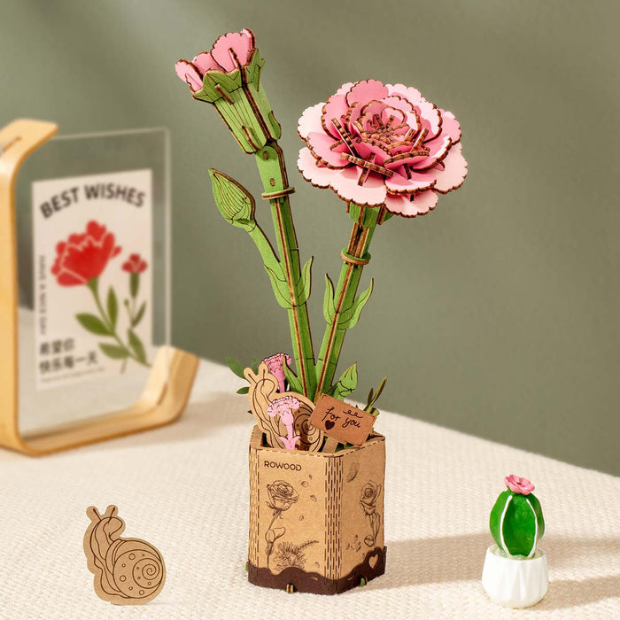 Rowood Pink Carnation DIY Wooden Flower 3D Puzzle TW051, 3D wooden DIY flower puzzle, lifestyle scene