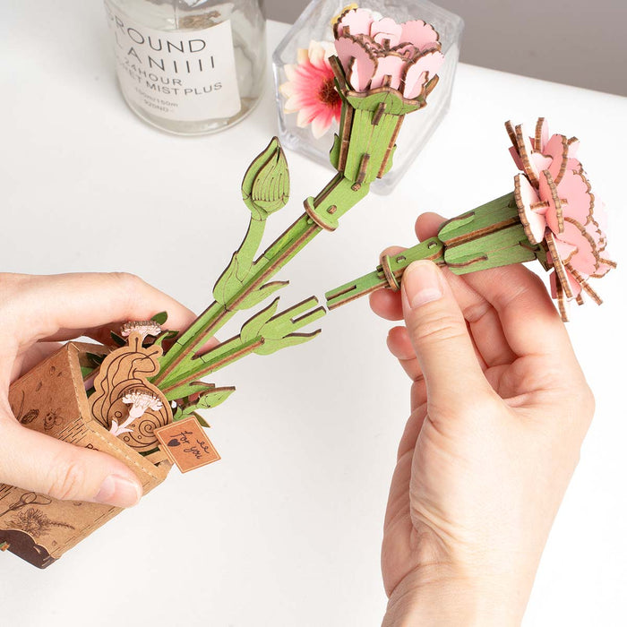 Rowood Pink Carnation DIY Wooden Flower 3D Puzzle TW051, 3D wooden DIY flower puzzle, top-down view