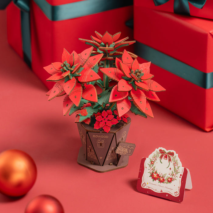 Rowood Poinsettia Flower Bouquet 3D Wooden Puzzle TF001 3D wooden flower puzzle, angled view showing detail and craftsmanship