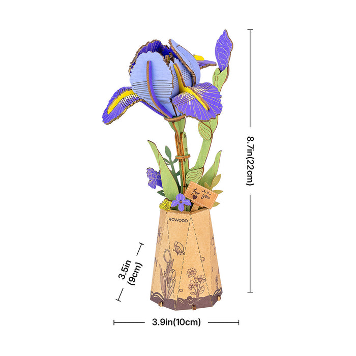 Rowood Purple Iris Wooden Flower 3D Puzzle TW121 3D wooden flower puzzle, close-up of interior components and accessories