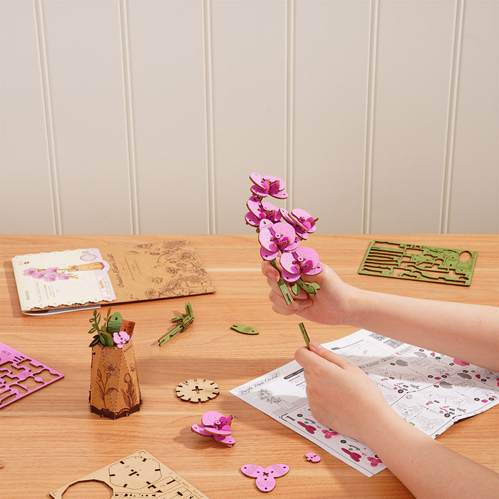 Rowood Purple Moth Orchid DIY Flower 3D Wooden Puzzle TW091, 3D wooden DIY flower puzzle, lifestyle scene